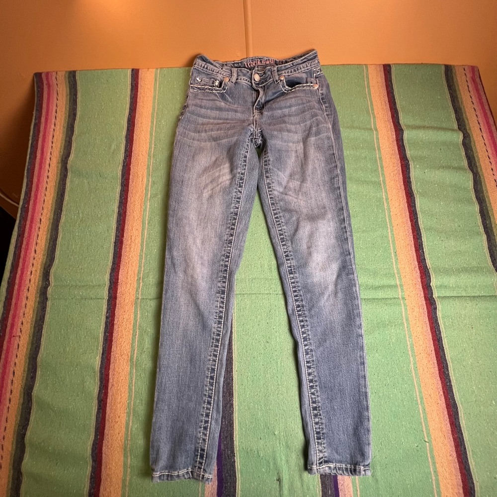 Rebel & Soul Skinny Jeans Girl 14 Blue Rhinestone Fleur De Lis Y2K McBling Denim